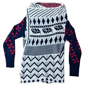 Southwestern Fair Isle Knit Open Front Cardigan Navy Cream Red Geometric Boho